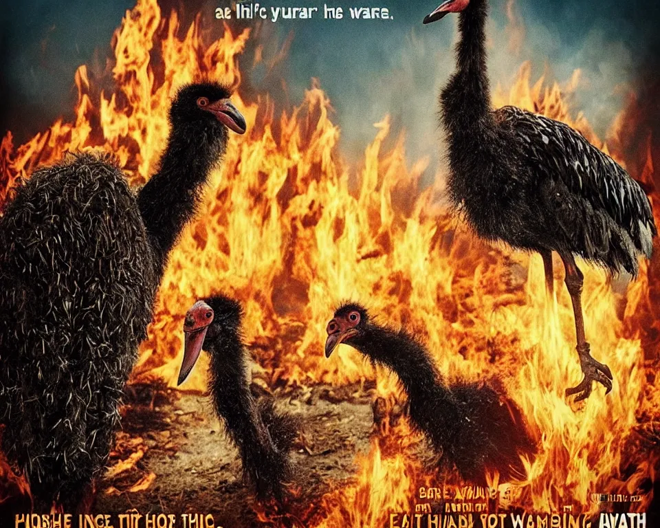 Prompt: a horror movie poster with an ostrich and a burning house with the words beware of the ostrich