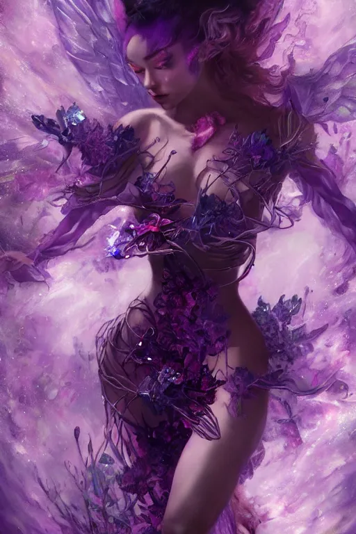 Prompt: torso closeup model wearing demonic crystal dress in purple flowers, sorcerer, diamonds, angel, fantasy, dramatic lighting, highly detailed, digital painting, holding electricity, magic the gathering, hyper detailed, 3 d render, hyper realistic detailed portrait, peter mohrbacher, wlop, ruan jia