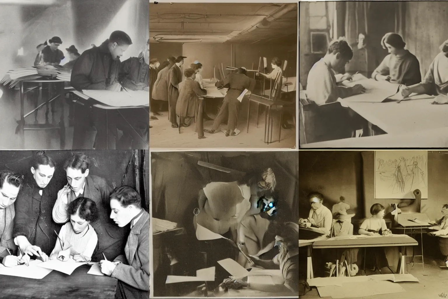 Prompt: Animators in studio animating a kiss cene with pencil and paper, 1920 photo