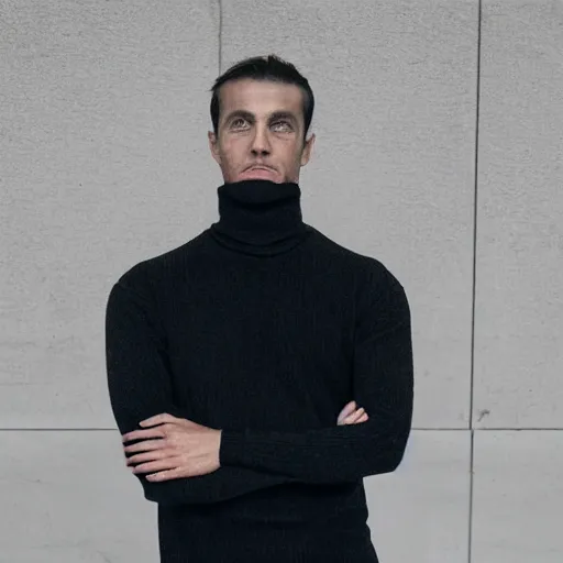 Prompt: Photo of a man wearing a black turtleneck sweater looking at the viewer