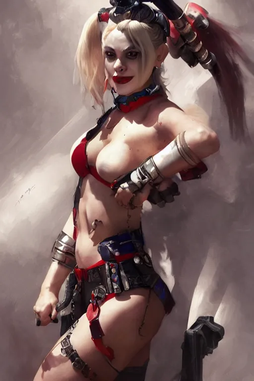 Prompt: portrait of Harley Quinn in bikini armor, dc comics, cyberpunk, Warhammer 40000, dark fantasy, digital art from artstation by Ruan Jia and Mandy Jurgens and Artgerm and william-adolphe bouguereau