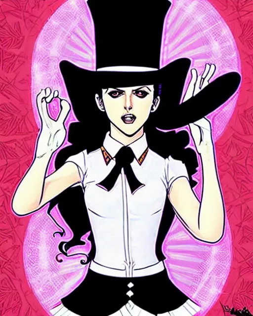 Image similar to beautiful Anna Kendrick Zatanna DC Comics floating on stage, wearing a top hat, symmetrical face symmetrical eyes, smiling, intricate details, atmospheric, art by eiichiro oda, Joshua Middleton art