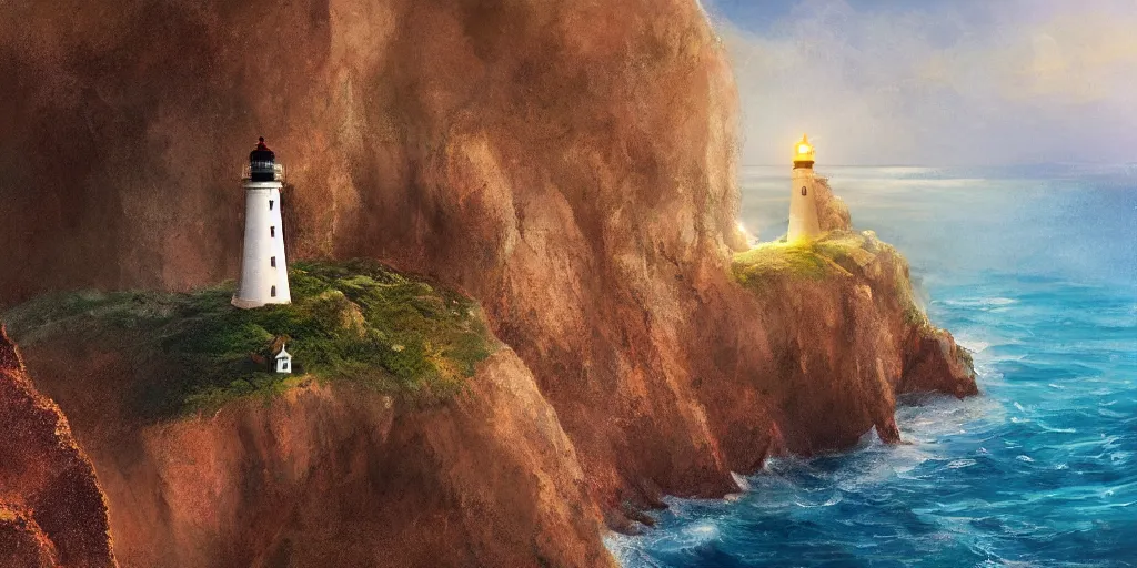 Prompt: a lighthouse in a cavern on the edge of a cliff overlooking the ocean by Jessica Rossier