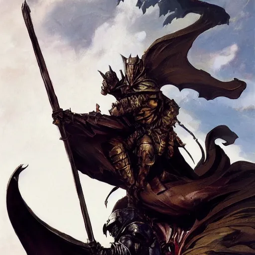 Image similar to hooded knight riding a wyvern by frank frazetta, flowing cape, dynamic pose, chiaroscuro, fantasy, very detailed, dungeons & dragons, sharp focus, striking, artstation contest winner, detailed