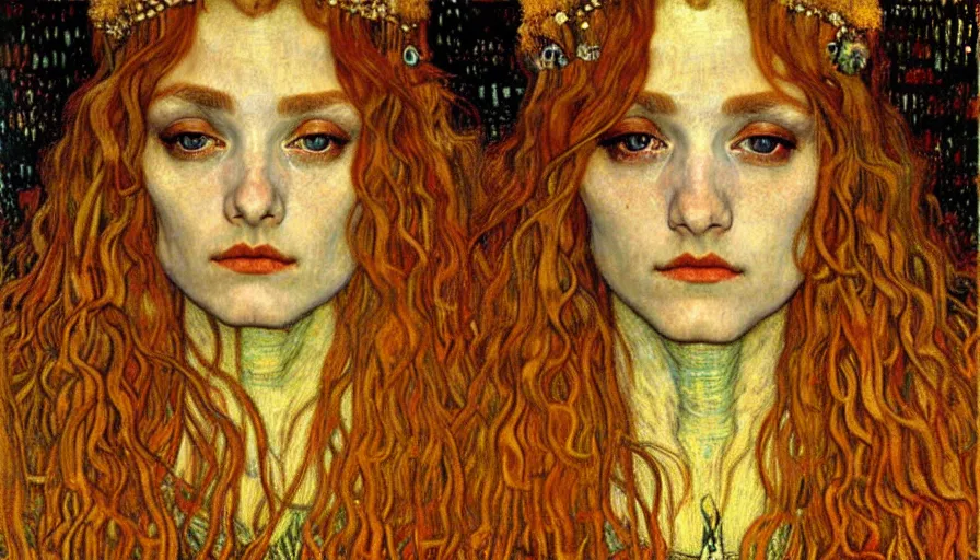 Image similar to detailed realistic beautiful young medieval queen face portrait by jean delville, gustav klimt and vincent van gogh, art nouveau, symbolist, visionary, gothic, pre - raphaelite, muted earthy colors, desaturated