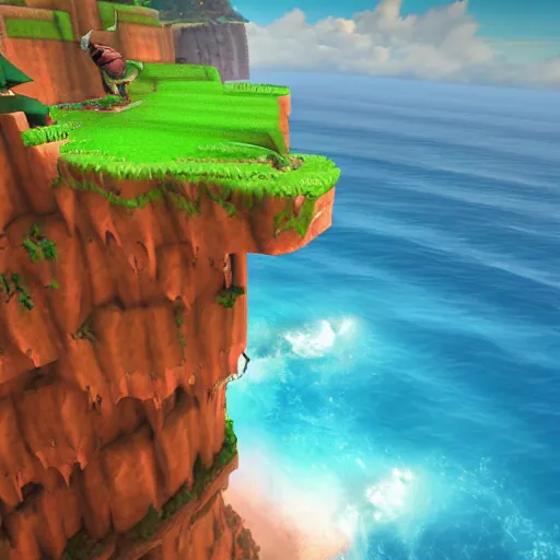 Prompt: hawaii cliffs and ocean as a legend of zelda landscape, beautiful, 3 d game art