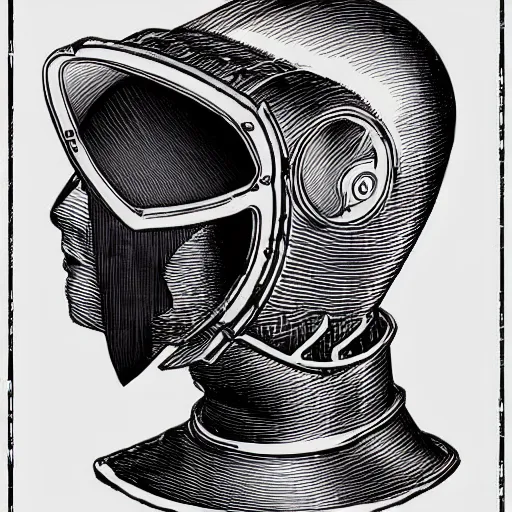 Image similar to a patent drawing of an intricate detailed vr headset from the future in the shape of a medieval knight helmet, extremely detailed alien technology vr!!! headset, with arrows and side angels