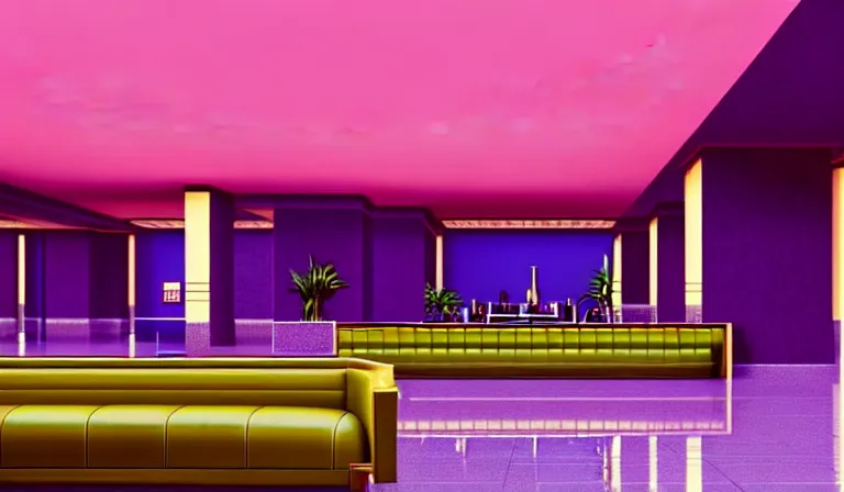 Prompt: a beautiful, sharp focus, clean lines. the interior of a vast 1 9 7 0 s luxury hotel lobby. leopard print. vaporwave ombre rendering. outrun style. trending on artstation. recommended for you behance. wes anderson colors. by chris moore. by edward hopper. ambient occlusion. digital matte painting. metropolis filmic. gotham city.