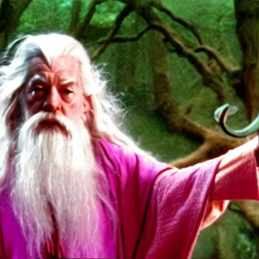 Prompt: gandalf wearing pink robes and a hello kitty hair clip, movie still from the lord of the rings