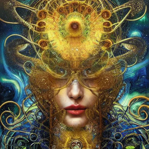 Image similar to Divine Chaos Engine by Karol Bak, Jean Deville, Gustav Klimt, and Vincent Van Gogh, beautiful visionary mystical portrait, otherworldly, fractal structures, ornate gilded medieval icon, third eye, spirals