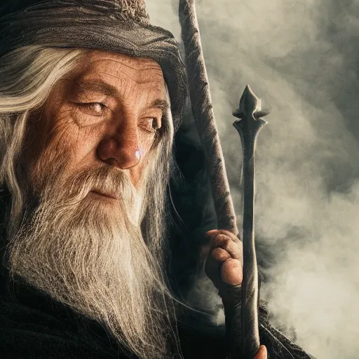 Prompt: portrait of gandalf, eyes closed, covered in smoke, 4 k