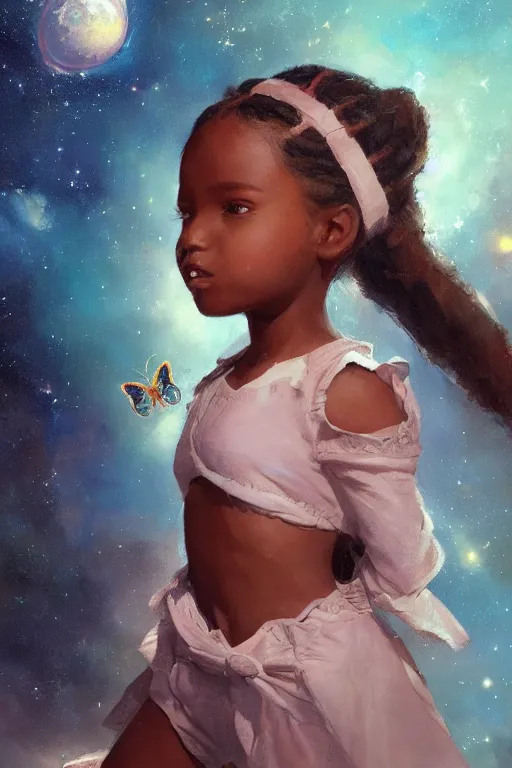 Prompt: a little girl, brown skin, with little pigtails, floating in space. clean, painting, beautiful detailed face, lots of butterflies. by raymond swanland and artgerm and greg rutkowski