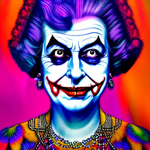 Image similar to An extremely psychedelic portrait of Queen Elizabeth as the Joker, surreal, LSD, face, detailed, intricate, elegant, lithe, highly detailed, digital painting, artstation, concept art, smooth, sharp focus, illustration