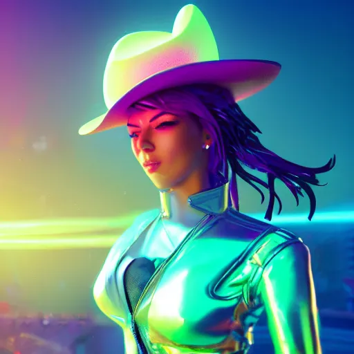 Prompt: disintigrating synthwave cowgirl, character design, bright colors, illusion, metallic, armor, stunning, breathtaking, digital render, line art, unreal engine, de - noise, 8 k, volumetric lighting, detailed contrast, scattered mist, glow, rim light by sakimi chan