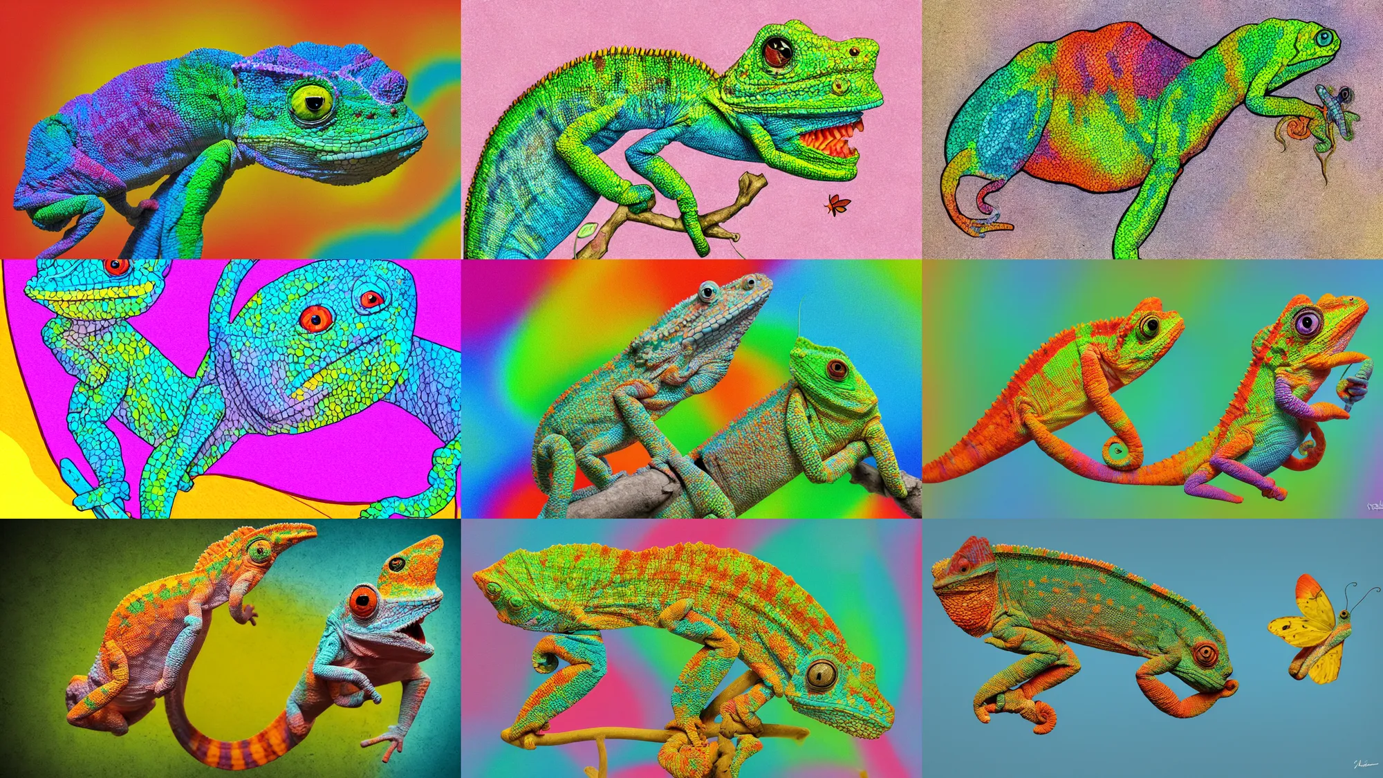 Prompt: a chameleon with his tongue out catching a butterfly, style of art print in rainbow colors, neutral background