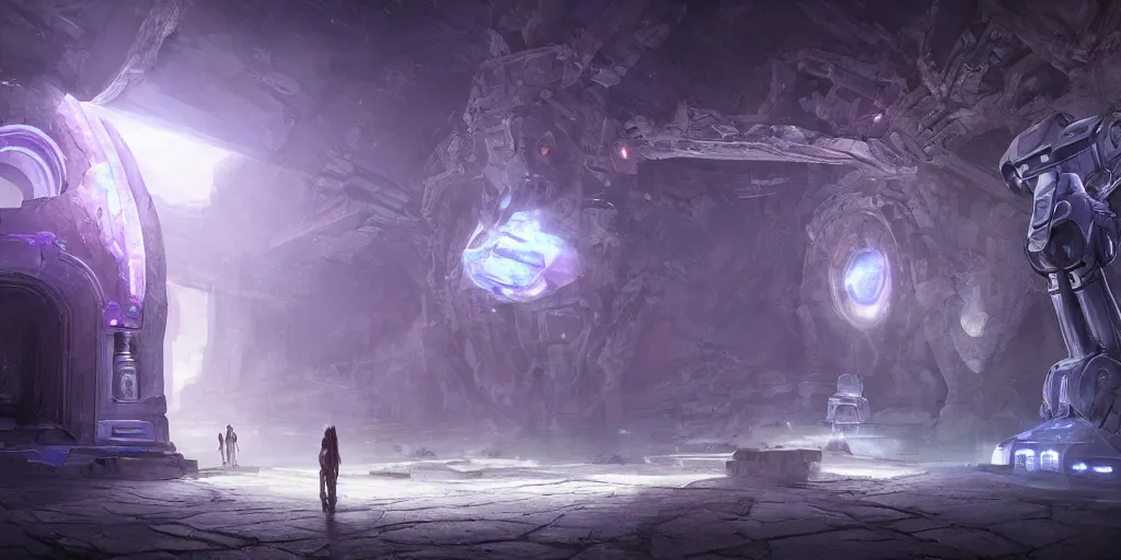 Image similar to a digital painting of a big robot made of white stone, purple crystal inlays, by jonas de ro, keeping the entrance of a sanctum, crystals enlight the scene, view is centered on the robot, cinematic lights, at dawn, unreal engine, attestation, deviantart