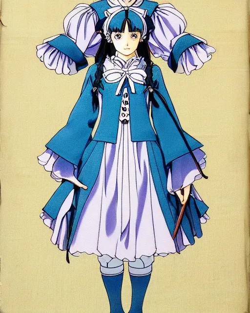 Image similar to late renaissance magical academy girl school uniform, pale cyan and grey fabric, painting by studio ghibli, ayami kojima, kentaro miura, takehiko inoue