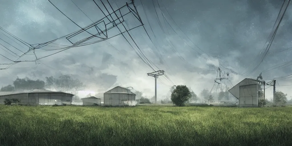 Prompt: large white sci-fi building with power lines running to it, next to farm fields and trees, art station, digital art, art station, volumetric lighting, extremely detailed, trending