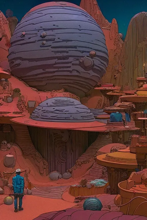 Image similar to photograph of vast and detailed cinematic set design, real dslr, in a world inspired by jean giraud moebius and geoff darrow