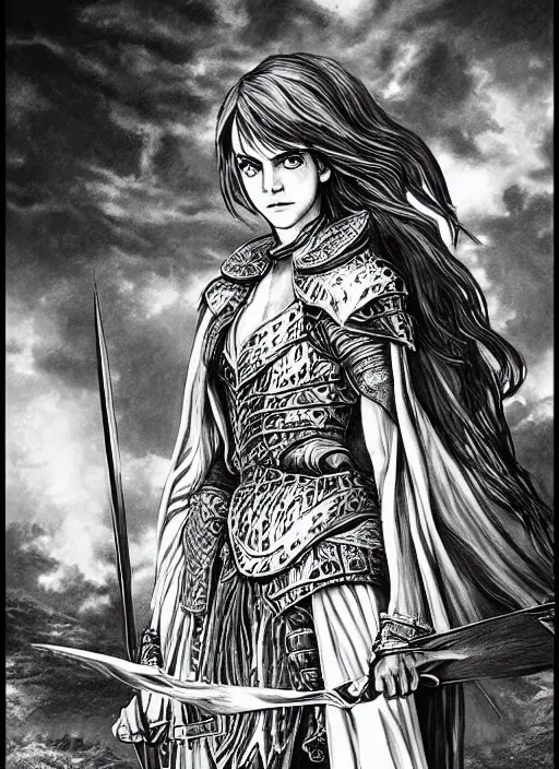 Prompt: Emma Watson as a knight, highly detailed, black and white, manga, masterpiece, art by Kentaro Miura