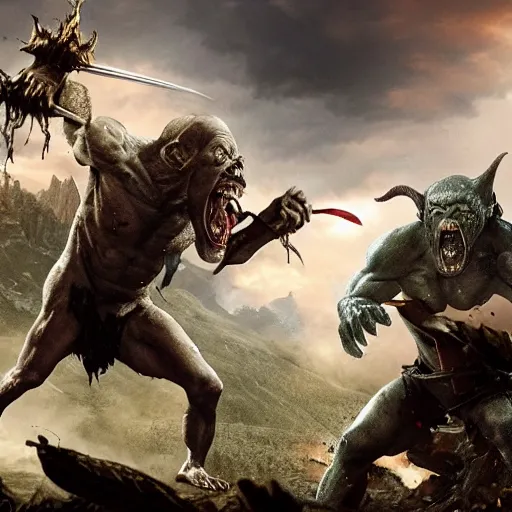 Image similar to clash of two armies, battle, orcs against gollum - faced humans