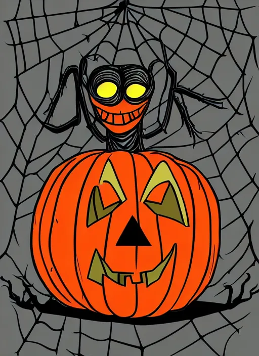 Prompt: an evil looking pumpkin head on a creppy black spider, spooky halloween theme, illustration line art style