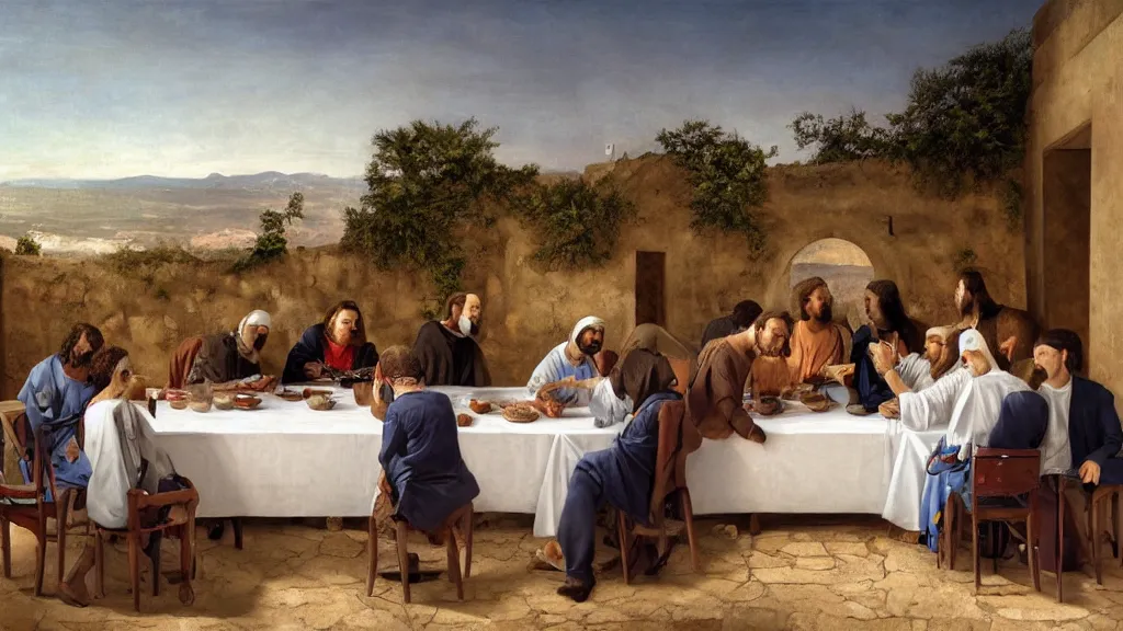 Image similar to humans with cat heads dressed in suits sitting around a table in the scene of the last supper, under the porch of a typical portuguese house, with typical alentejo landscape in the back, sunny morning, matte painting, oil canvas, photorealistic illustration, extreme detail, hyper realistic, highly detailed, digital art