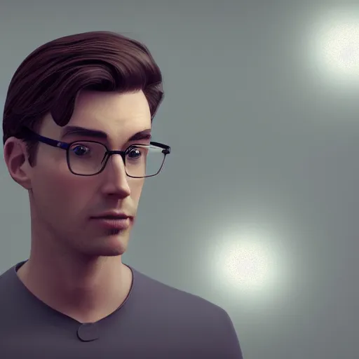 Prompt: highly detailed male character with brown hair and thin framed square glasses, 27, no beard, with a macbook and iphone by Frank Lloyd Wright, reflective lighting, front view, foggy atmosphere, stunning, in the style of pixar animation, trending on Artstation, 8k, matte painting, ray tracing, hyper detailed, unreal engine 5, cinematic, epic lighting, cryengine, octane render, vibrant