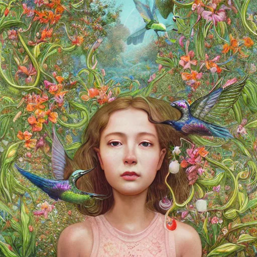 Image similar to bautiful young girl surrounded by hummingbirds and fine floral ornaments, eye - level medium - angle shot, intricate, floral background, by esao andrews, by m. w. kaluta, by yoshita amano, intricate, symmetrical, natural lighting, smooth, 3 d octane render, depth perception, 4 k,, artstation