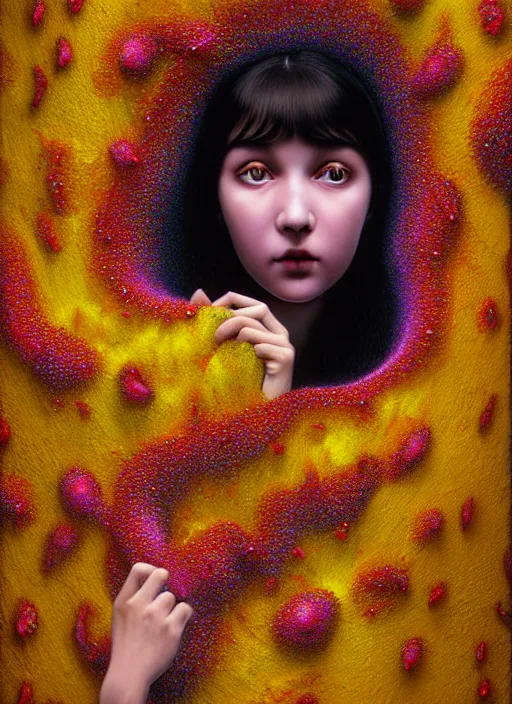 Image similar to hyper detailed 3d render like a Oil painting - black haired girl in mascara seen Eating of the Strangling network of colorful yellowcake and aerochrome and milky Fruit and Her delicate Hands hold of gossamer polyp blossoms bring iridescent fungal flowers whose spores black the foolish stars by Jacek Yerka, Mariusz Lewandowski, Houdini algorithmic generative render, Abstract brush strokes, Masterpiece, Edward Hopper and James Gilleard, Zdzislaw Beksinski, Mark Ryden, Wolfgang Lettl, Dan Hiller, hints of Yayoi Kasuma, octane render, 8k