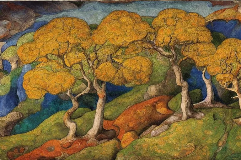 Image similar to masterpiece painting of oak trees on a hillside overlooking a creek, dramatic lighting, by phoebe anna traquair