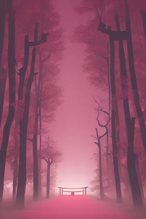 Image similar to Japanese Torii in the center of the picture , torii in a moutain with trees ,night , by Grzegorz Rutkowski, concept art, pink scheme,horizontal symmetry