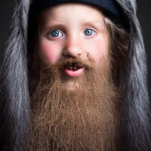 Image similar to photograph of a five year old boy wizard, beard, wizard hat by annie leibovitz, dark hair, deep eyes