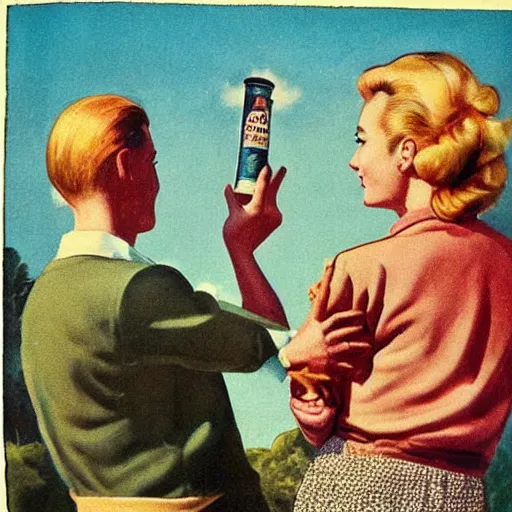 Prompt: “stunning, highly detailed portrait, very detailed, couple, from behind, blonde, remote village, from side, holding tin can, color vintage magazine illustration 1950”