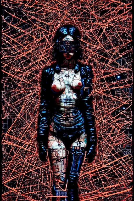 Prompt: dreamy cyberpunk girl, abstract black leather, digital nodes, beautiful woman, detailed acrylic, grunge, intricate complexity, by dan mumford and by chiharu shiota, peter lindbergh