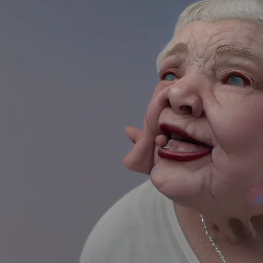 Image similar to 3 d hyper realistic cinematic scene of a sweet fat old woman kissing herself. window. symmetrical face, red mouth, blue eyes. deep focus, lovely scene. ambient occlusion render. concept art. unreal engine.