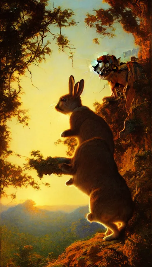 Image similar to hyper realistic rabbit looking off of a cliff, sun setting behind rabbit, lush forest in valley below, painted by gaston bussiere, craig mullins, j. c. leyendecker 8 k