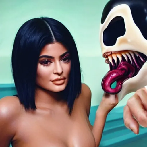 Image similar to kylie jenner being lickjed menacingly by an xenomorph, highly detailed, photorealistic, hyper realistic, slime, saliva, smooth