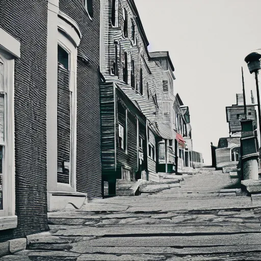 Prompt: vintage photo landscape of portland maine, intricate, Close-up shot, low angle shot, trending on artstation