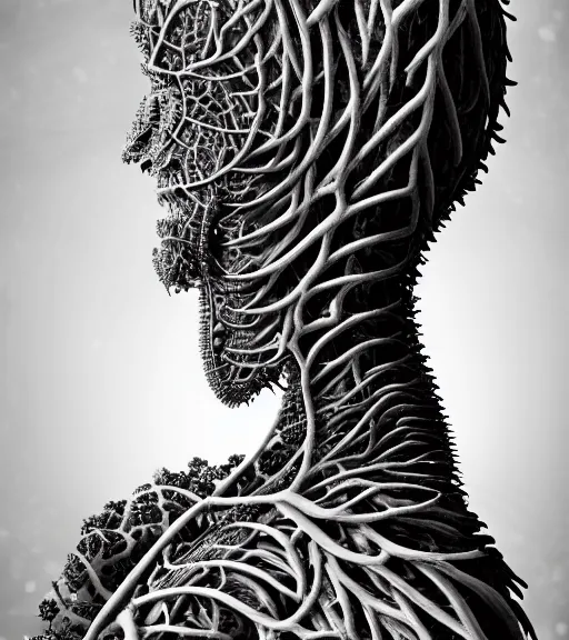 Image similar to a black and white high quality photo of a young beautiful female queen-vegetal-dragon-cyborg bust with a very long neck and Mandelbrot fractal face, Mandelbrot fractal skin, flesh, anatomical, facial muscles, veins, arteries, elegant, highly detailed, flesh highly baroque ornate, hair are wired cables, elegant, high fashion, rim light, octane render, in the style of Cindy Sherman, Realistic, Refined, Digital Art, Highly Detailed, Cinematic Lighting, rim light, black and white, photo-realistic, 8K