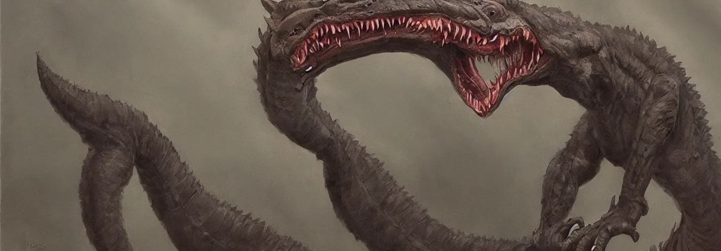 Prompt: full bodyshot!! symmetry!! a cross between a komodo dragon and a ferret, with a vipers head!! multiple rows of teeth in mouth, sleek dark fur!! dark fantasy, oil painting, in the style of frank frazetta, in the style of boris vallejo, top teir artstation, deviantart, pinterest