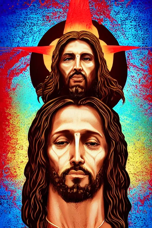 Image similar to blooded jesus christ on mayheim crosses. symmetrical anatomy, very intricate, digital design, perfect details, pop art style, colorful, accompanied by body, pure image without duplication, dribble popular, trending on arstation, drawn by ilya kuvshinov and darbotz and vinicius gud and gustavo zambelli, intricate, ultra high definition.