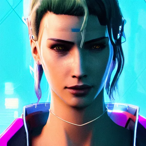 Image similar to headshot of female V from cyberpunk 2077 wearing thick steel choker around neck, 4K, detailed face, collar on neck, realistic, artstation, neon,