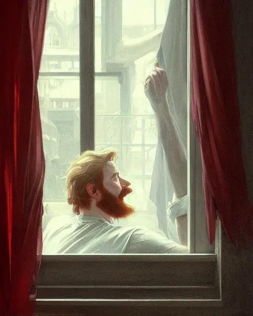 Prompt: attractive red - headed bearded man wearing a white shirt looking out the window expectantly, a smile on his lips, highly detailed, digital painting, artstation, concept art, smooth, sharp focus, illustration, art by artgerm, greg rutkowski, alphonse mucha, j. c. leyendecker
