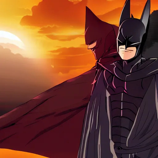Image similar to Anime batman with a sword looking at sunset, Anime style, concept art, 8k