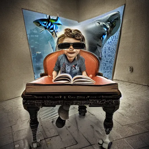 Prompt: a shark sitting in a chair reading a book underwater realistic hdr 8 k 3 5 mm