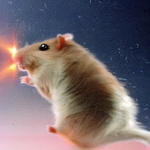 Image similar to a photo of a hamster flying using a jetpack while launching missiles at the camera