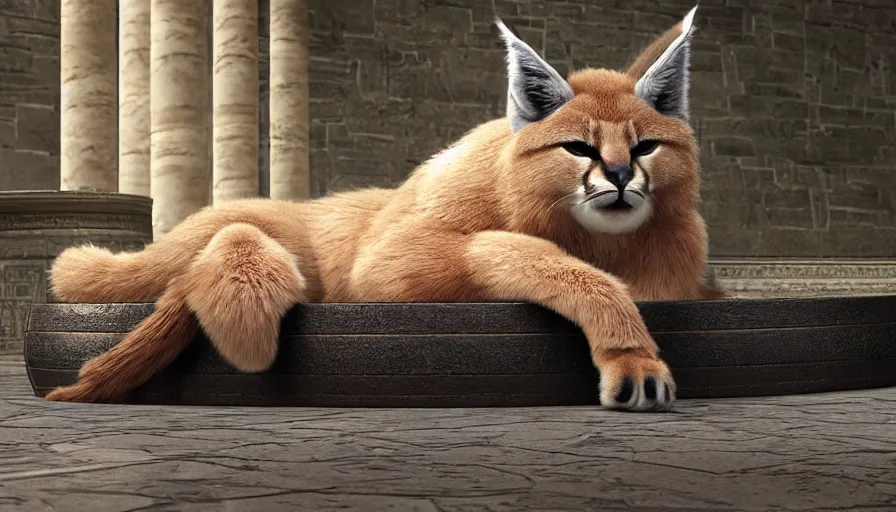 Image similar to longshot photo of cute fluffy caracal lying in wooden barrel lying on one side, ancient greek city, marble columns, sunny day, by ilya kuvshinov, rtx rendering, octane render 1 2 8 k, maya, extreme high intricate details by tom bagshaw, medium shot, close up shot, composition by sana takeda, lighting by greg rutkowski