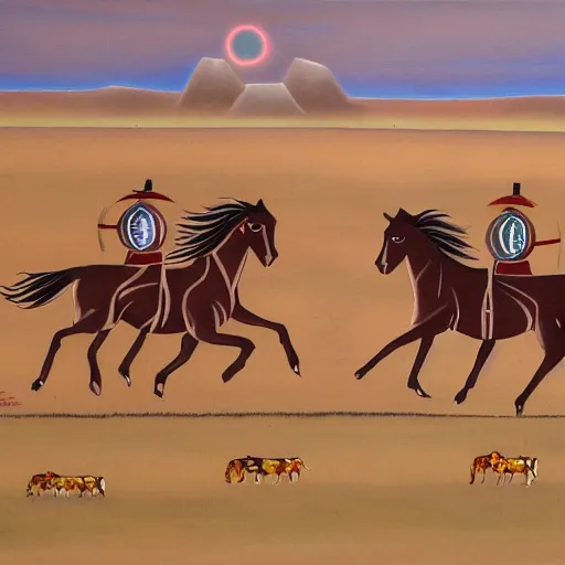 Prompt: Horses on the plains in Navajo art style