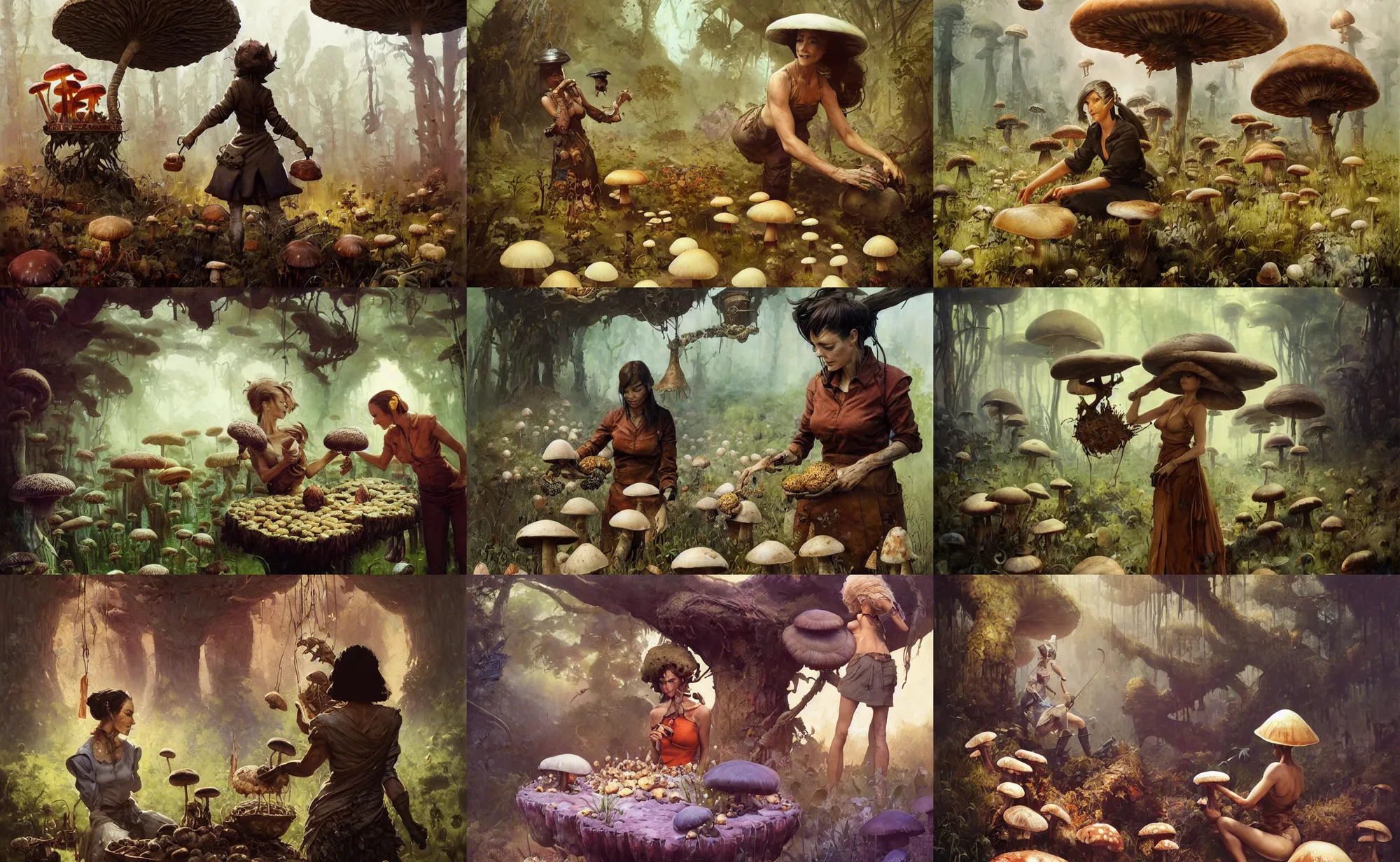 Prompt: A mixed media portrait painting of a mycologist woman tending her mushrooms, by Frank Frazetta, Greg Rutkowski, Beeple, Boris Vallejo, Yoko Taro, Christian MacNevin, epic fantasy character art, high fantasy, CGsociety, full length, exquisite detail, post-processing, masterpiece, cinematic